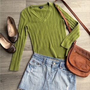 Tommy Hilfiger Cable Knit V-Neck Sweater M | 100% Cotton Green Classic Preppy